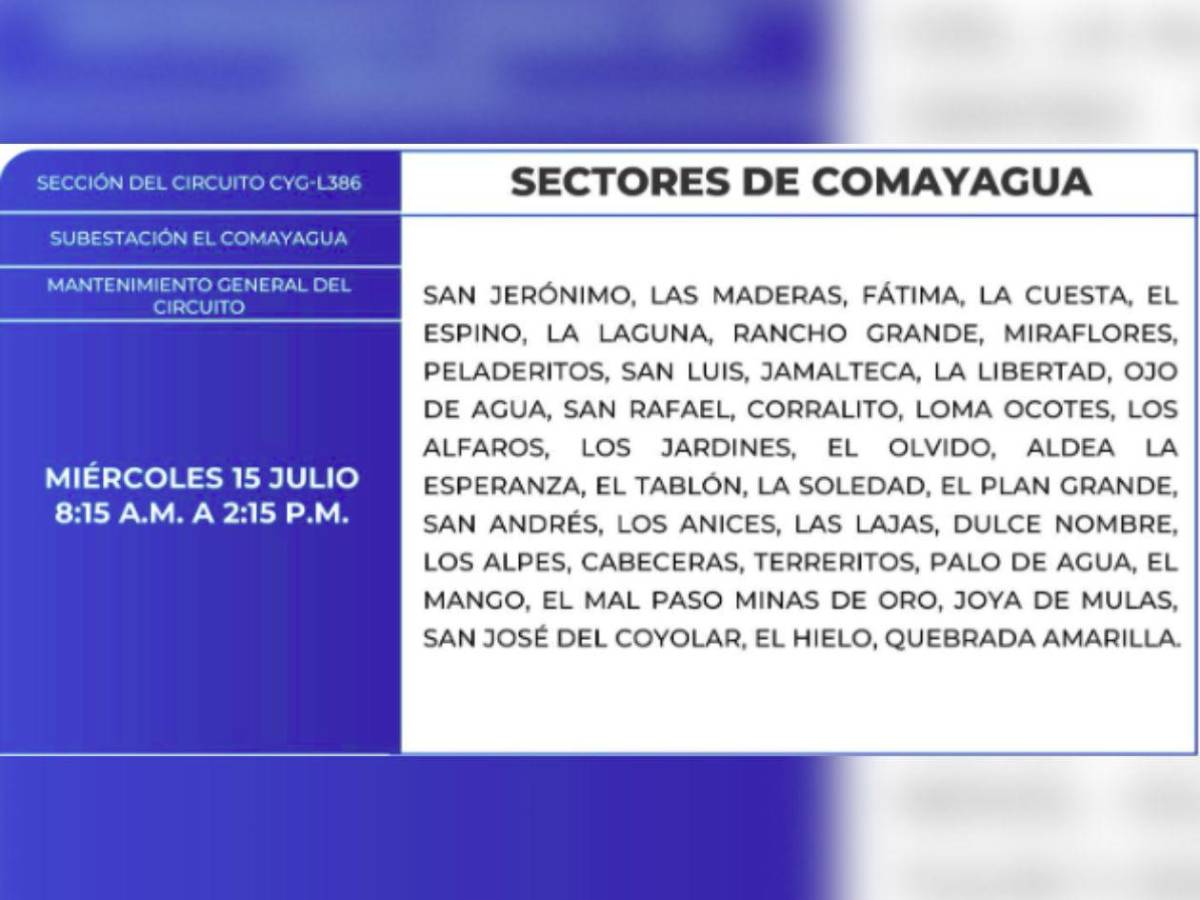 Más de 100 sectores de Honduras estarán sin energía  este miércoles 15 de julio