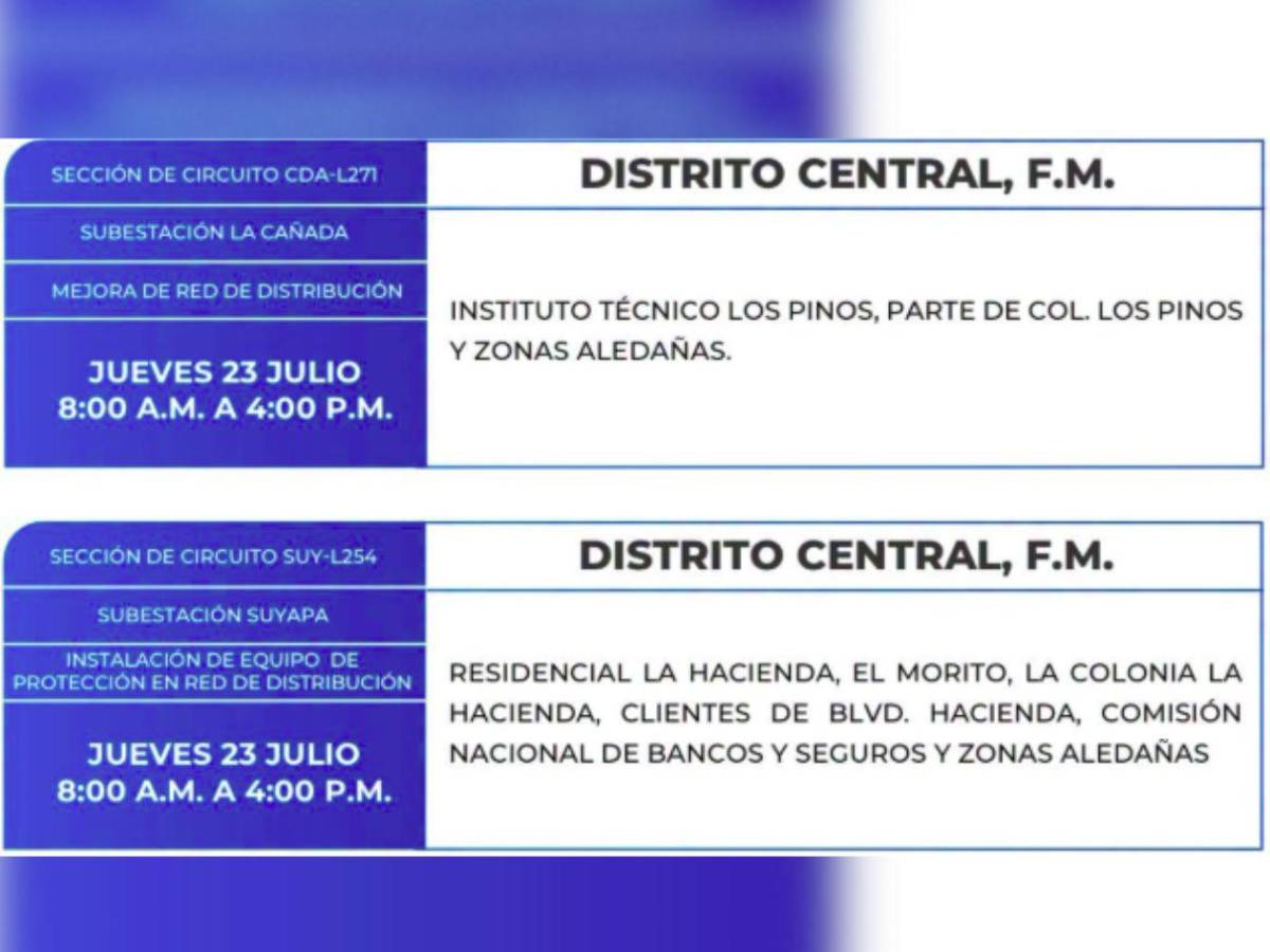 Estas zonas de Tegucigalpa y SPS no tendrán energía este jueves 23 de julio