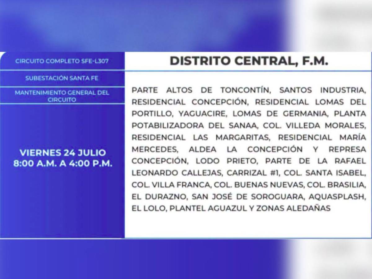 Ocho horas sin luz estarán estas zonas de Honduras este viernes 24 de julio