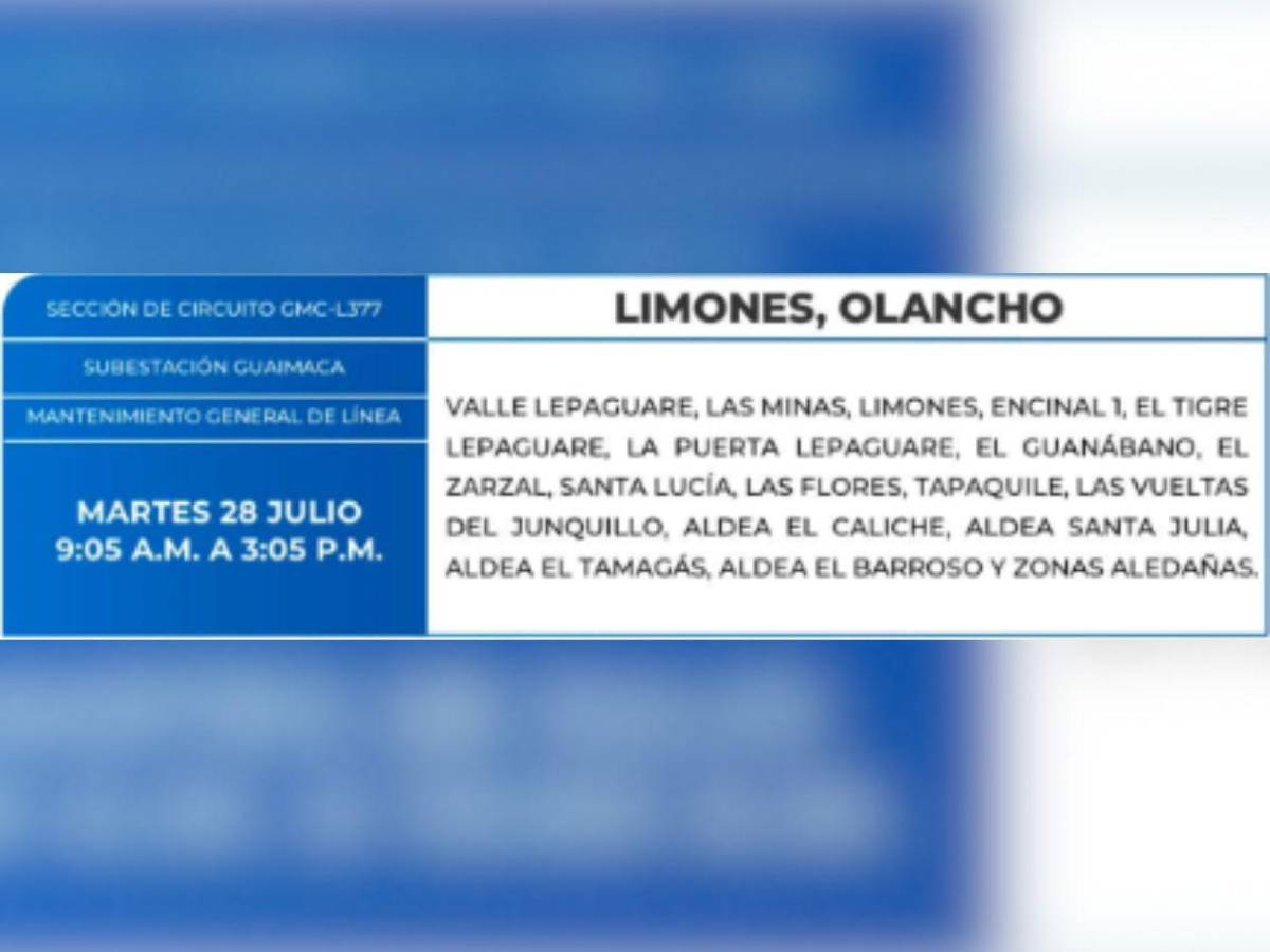 Amplios cortes de luz en estas zonas de Honduras este martes 28 de julio