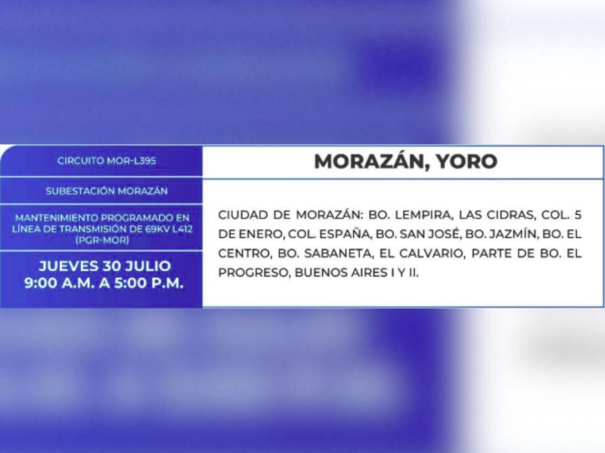 Más de 100 zonas de Honduras no tendrán energía este jueves 30 de julio