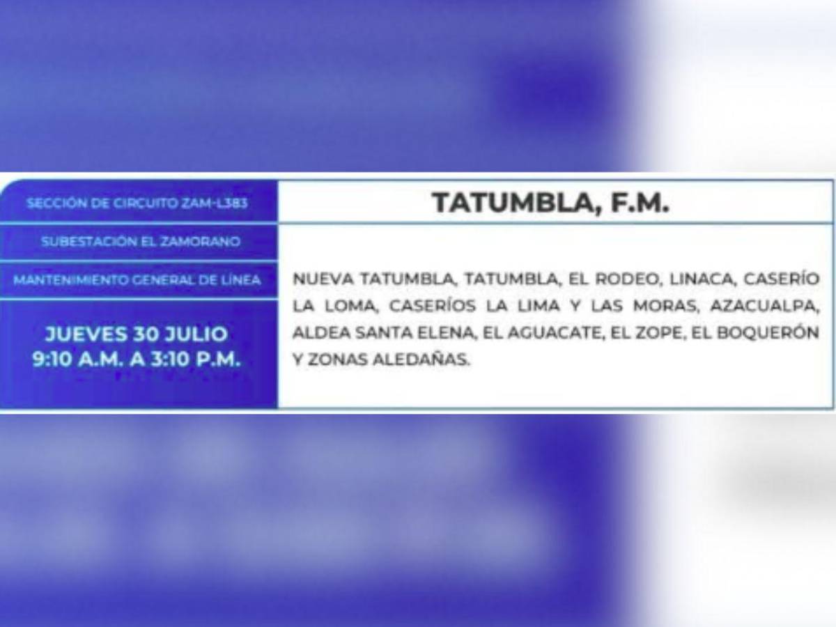 Más de 100 zonas de Honduras no tendrán energía este jueves 30 de julio