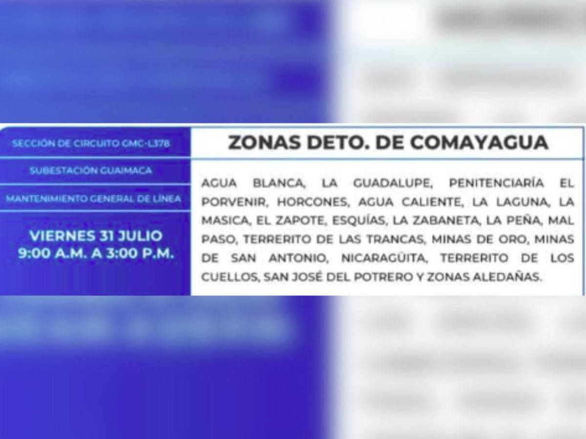 Estas zonas de Honduras no tendrán energía este viernes 31 de julio