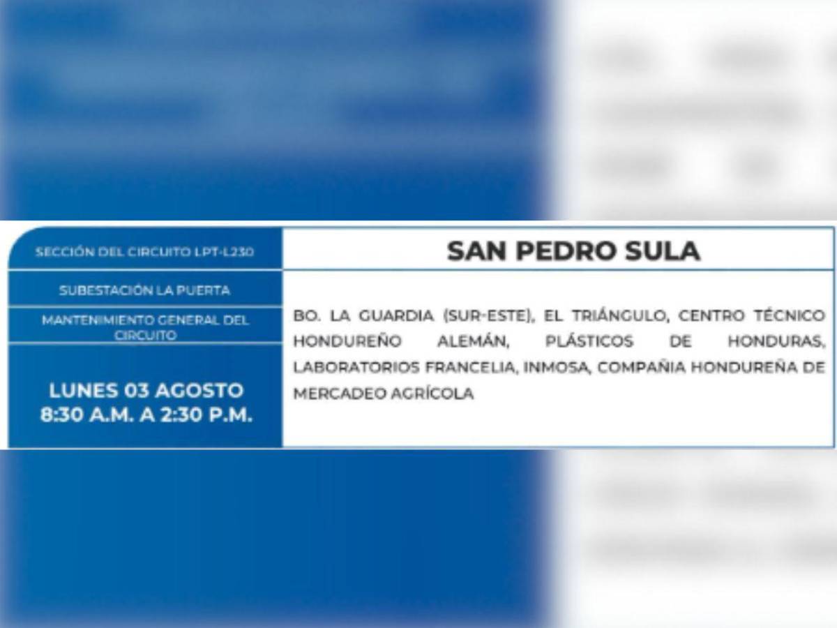 Estas zonas de San Pedro Sula y Santa Bárbara no tendrán luz este lunes 3 de agosto