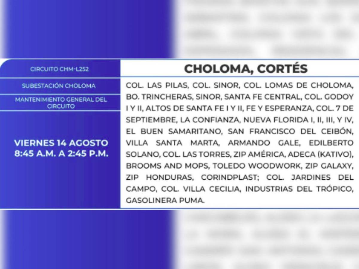 Ocho horas sin luz estarán estas zonas de Honduras este viernes 14 de agosto