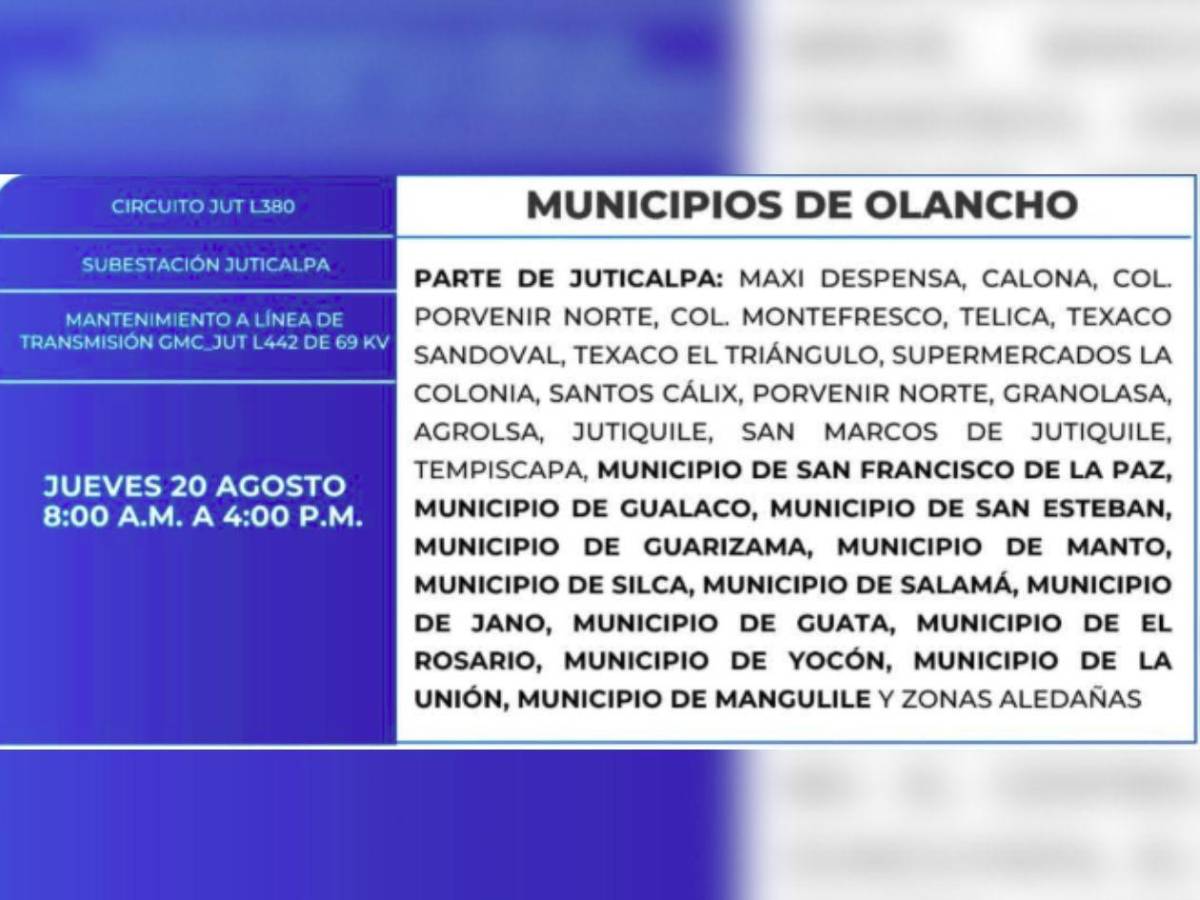 Ocho horas sin luz estarán más de 50 zonas de Honduras este jueves 20 de agosto