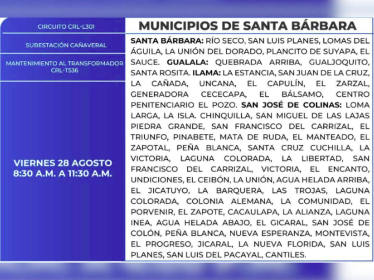 Ocho horas sin luz estarán estas zonas de Honduras este viernes 28 de agosto