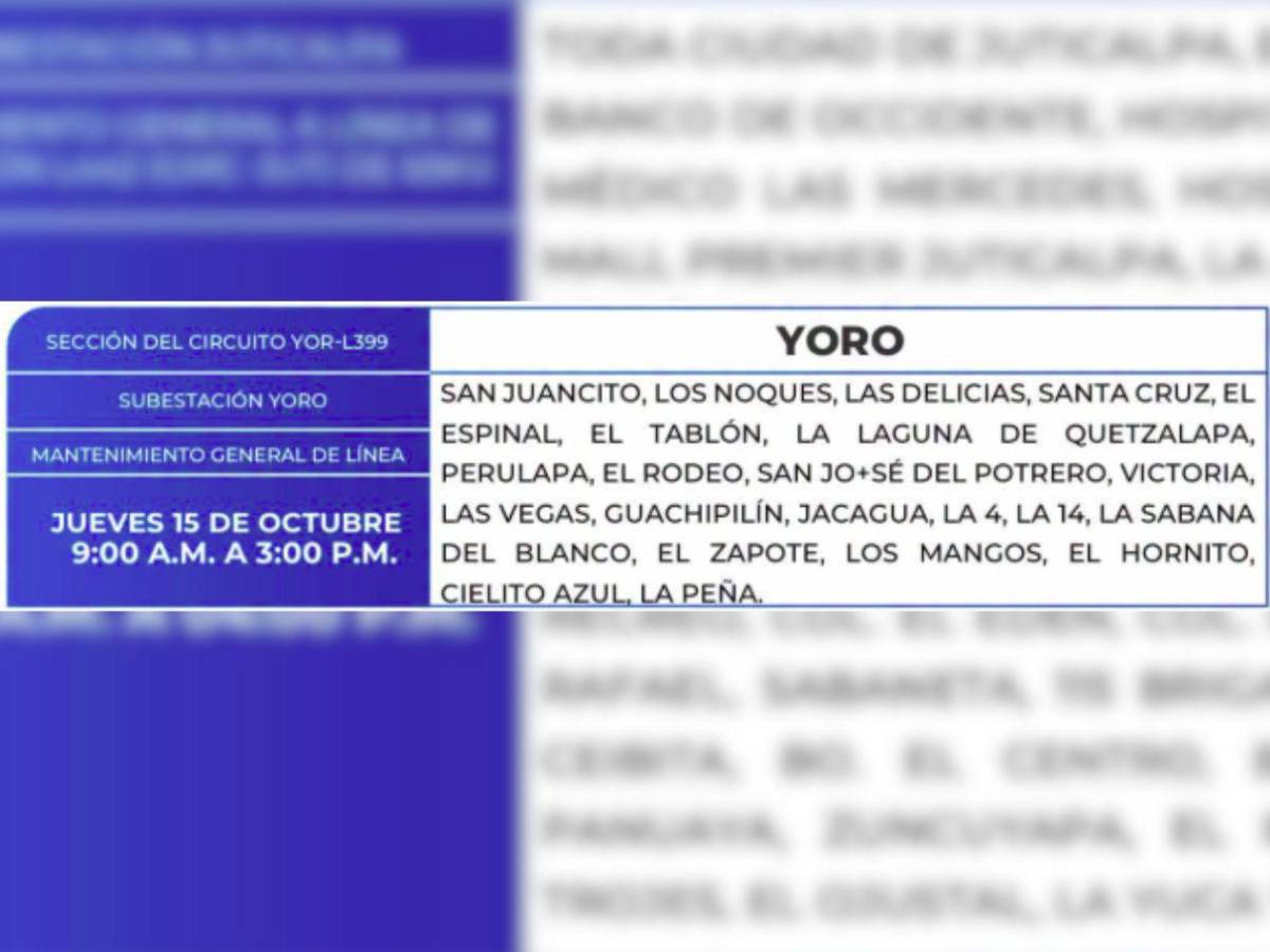 Sectores de Honduras que no tendrán luz este jueves 15 de octubre
