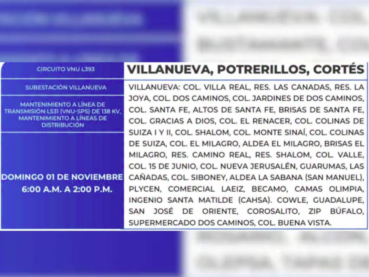 ¡Domingo sin luz! Extensa lista de zonas de Honduras no tendrán energía este 1 de noviembre