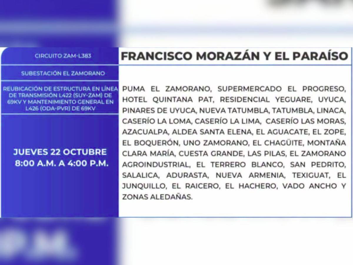 Extensos sitios de Honduras no tendrán energía este jueves 22 de octubre