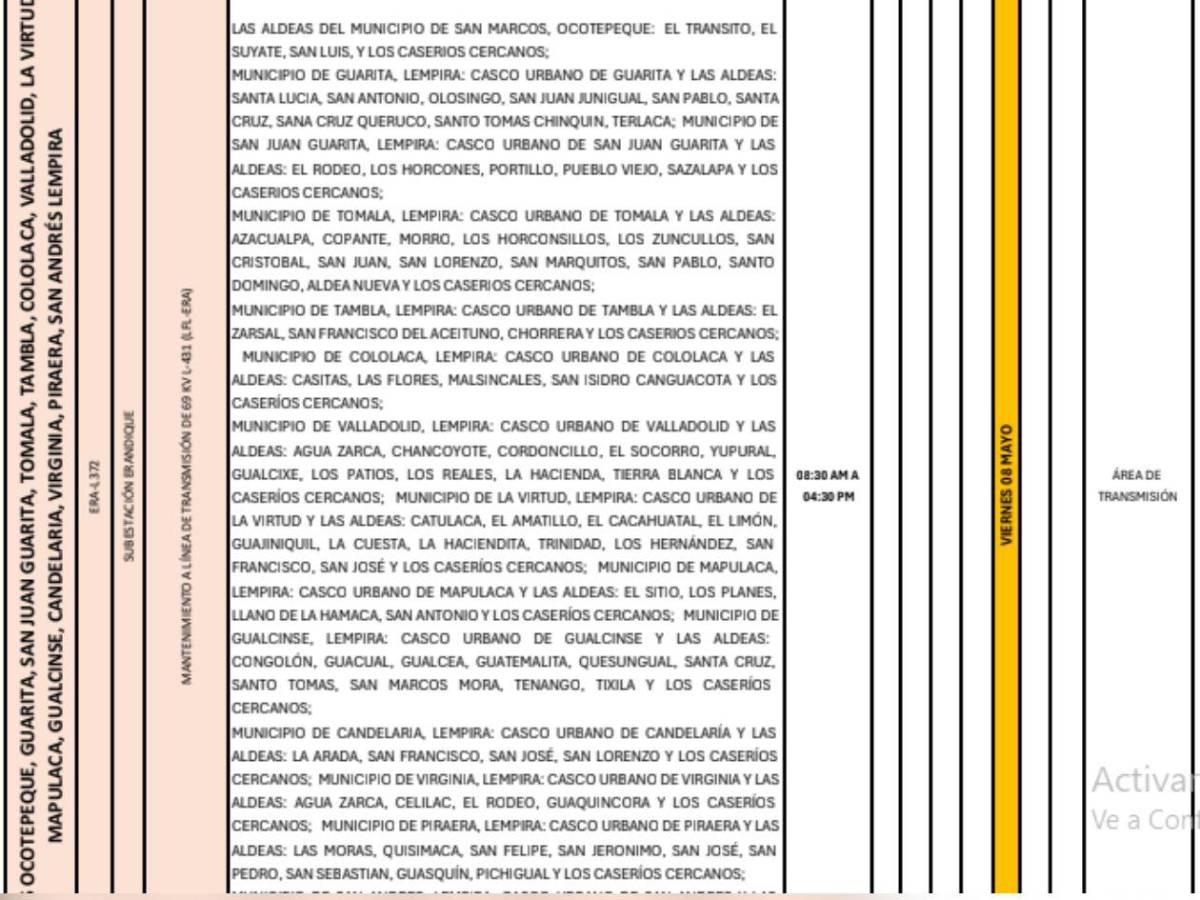 Zonas de Honduras que no tendrán energía eléctrica este viernes ocho de mayo