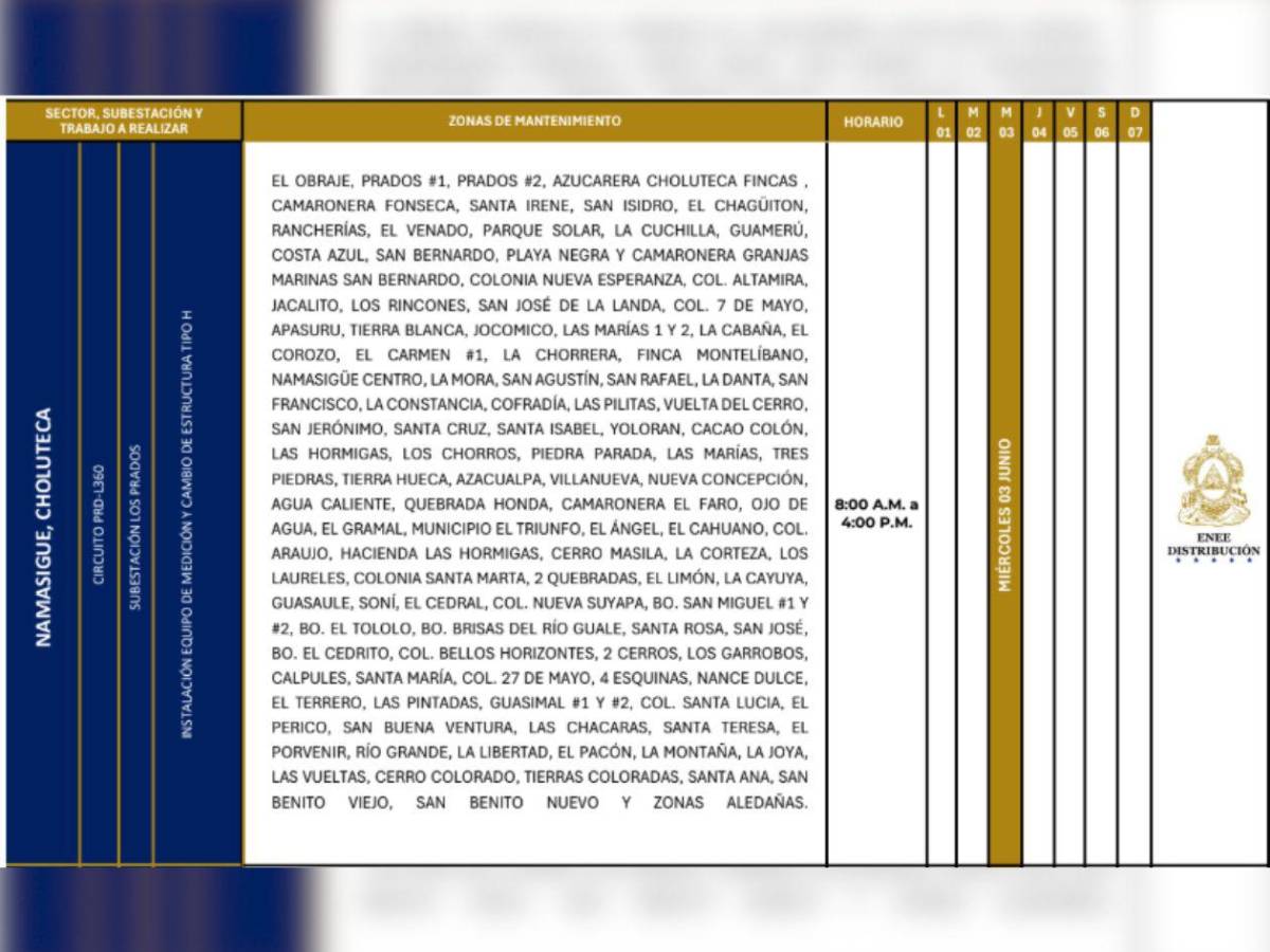 Ocho horas sin luz estarán estas zonas de Honduras este miércoles 3 de junio