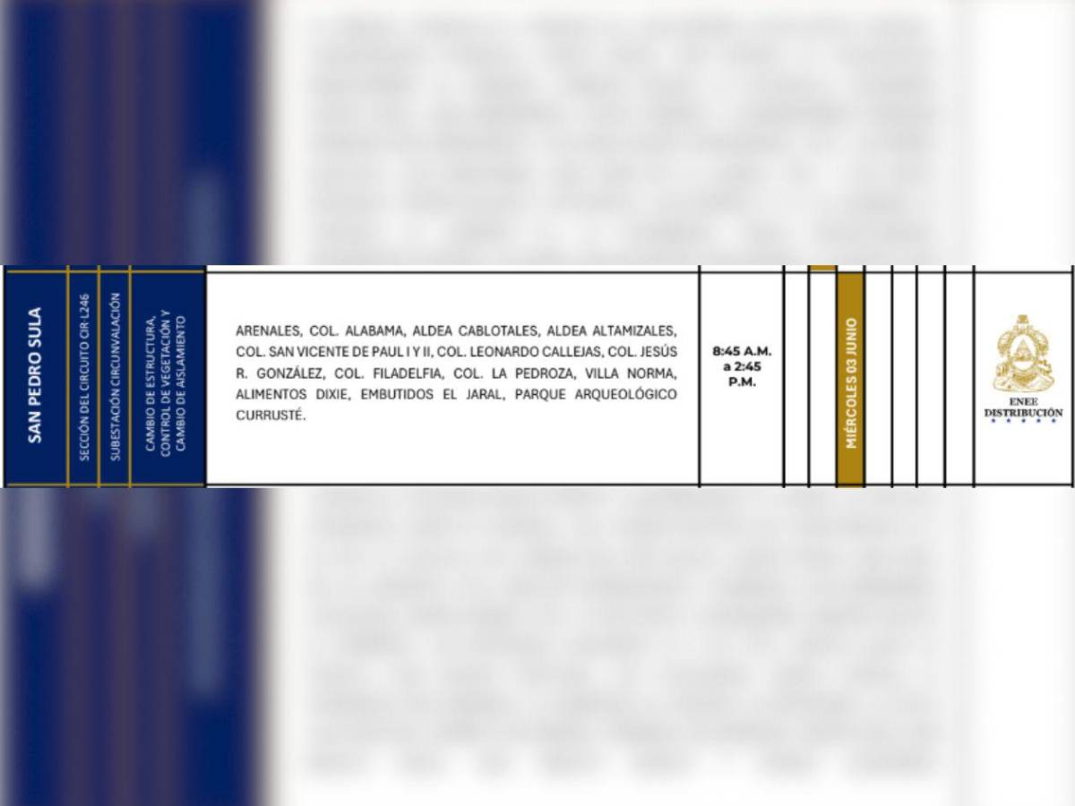 Ocho horas sin luz estarán estas zonas de Honduras este miércoles 3 de junio