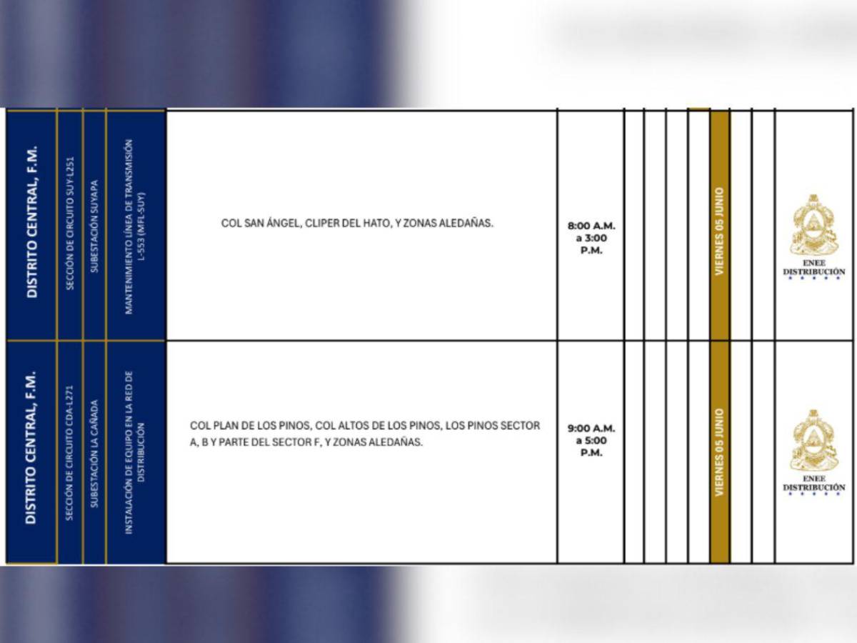 Estas zonas de Honduras estarán sin luz este viernes 5 de junio