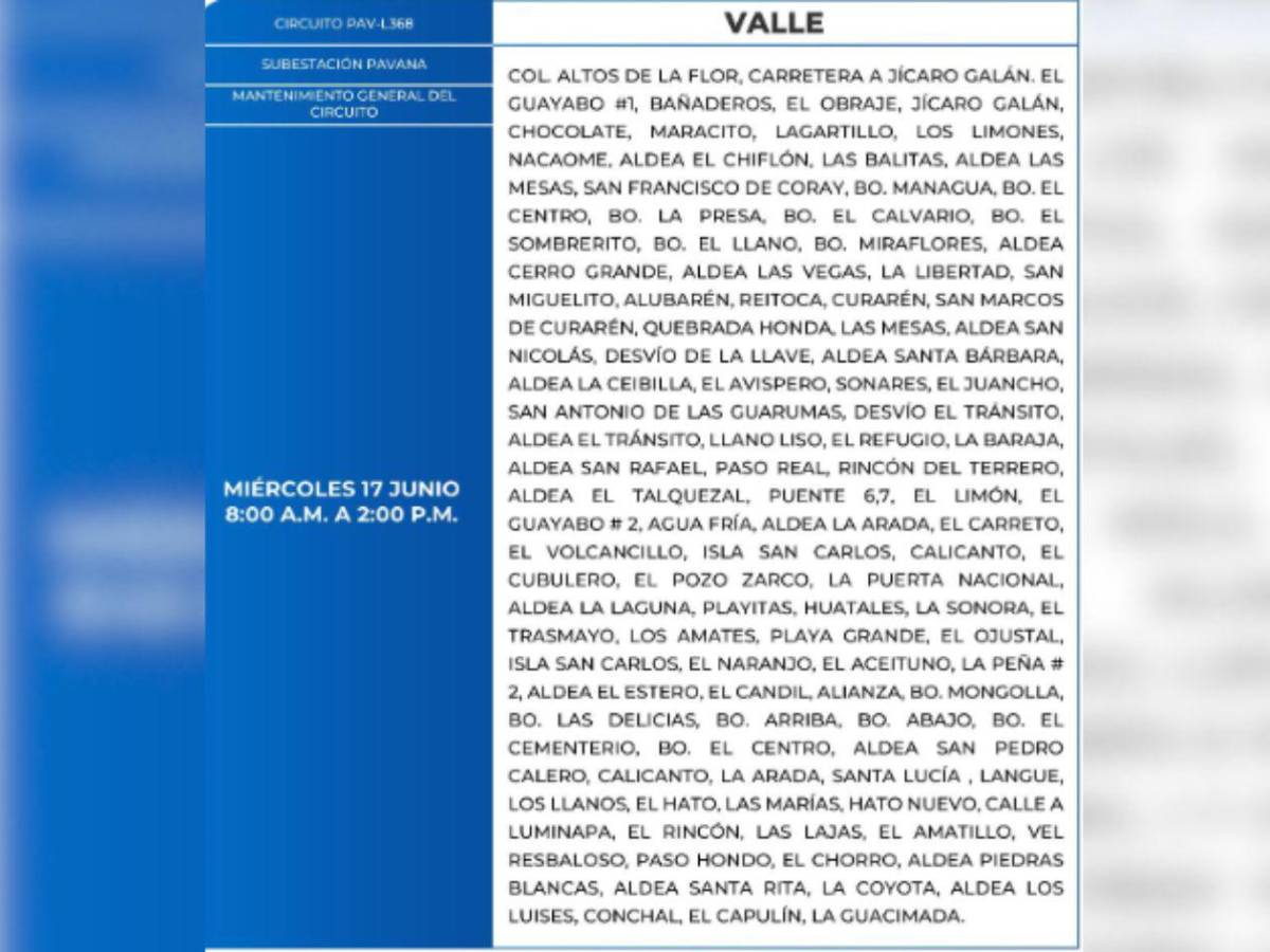 Estas zonas de Honduras no tendrán luz este miércoles 17 de junio