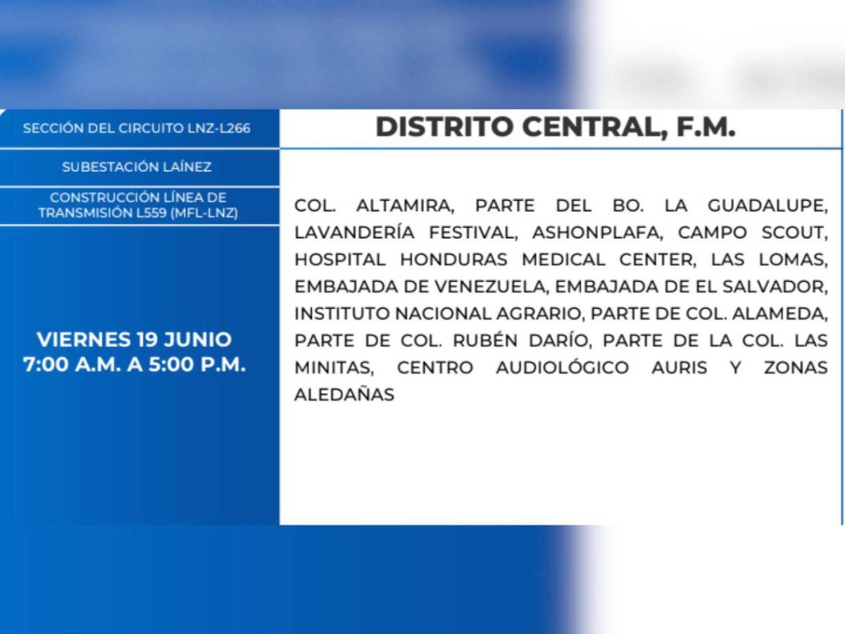 Diez horas sin luz estarán estas zonas de Honduras este viernes 19 de junio