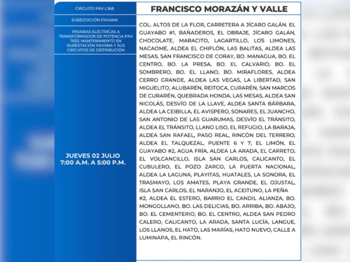 Más de 100 zonas de Honduras no tendrán luz este jueves 2 de julio