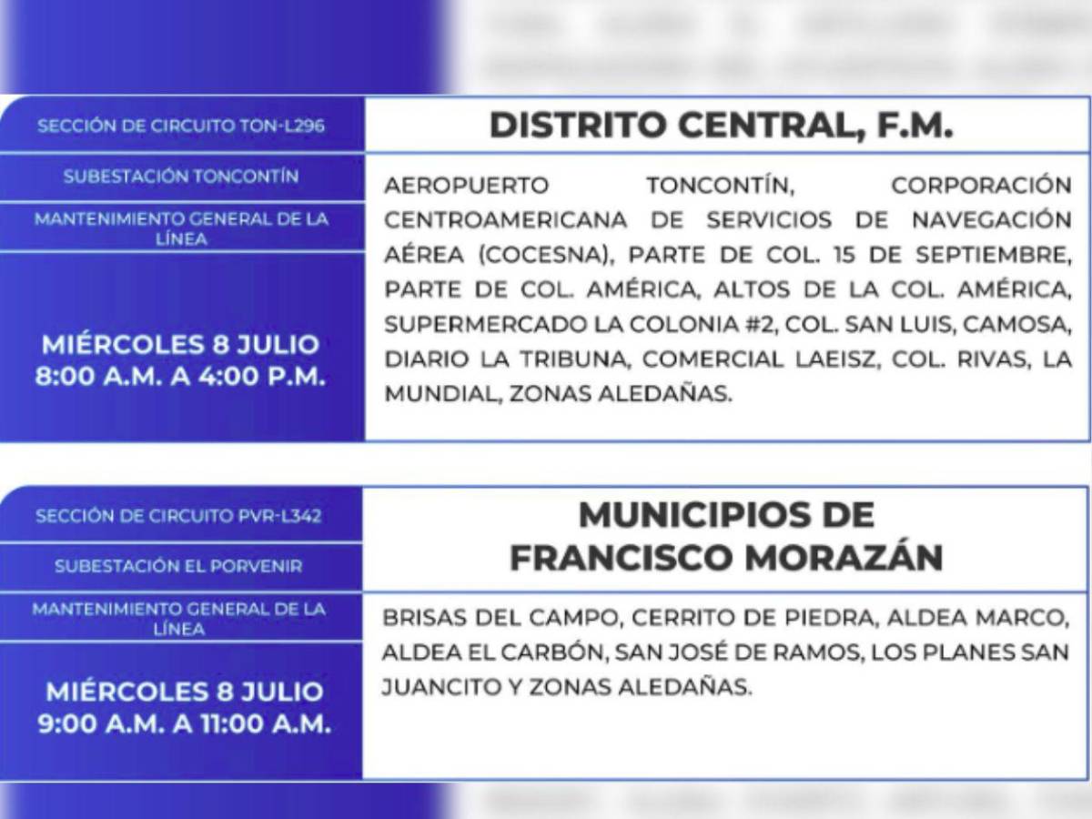 Más de 50 sitios de Honduras estarán sin energía eléctrica este miércoles 8 de julio