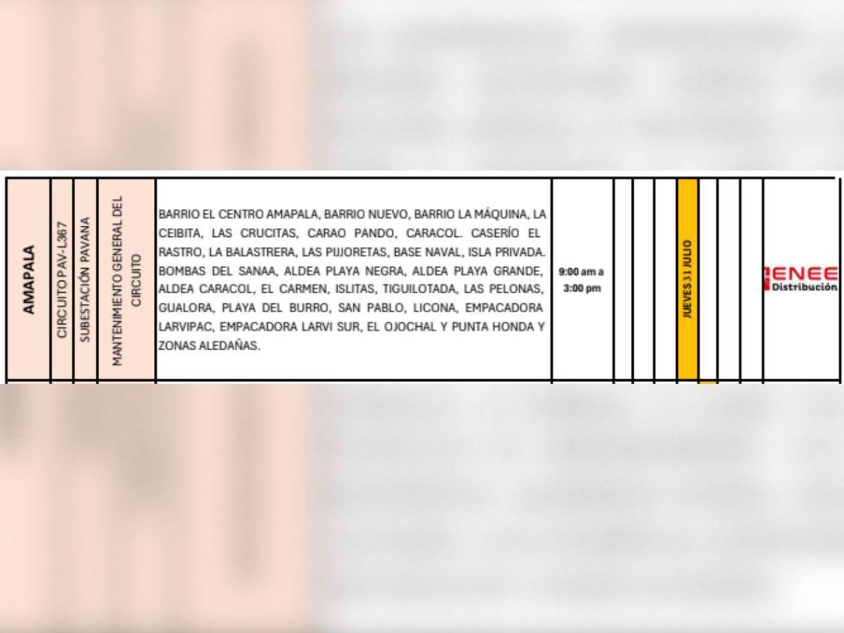 Cortes de energía eléctrica en varias zonas de Honduras este jueves 31 de julio