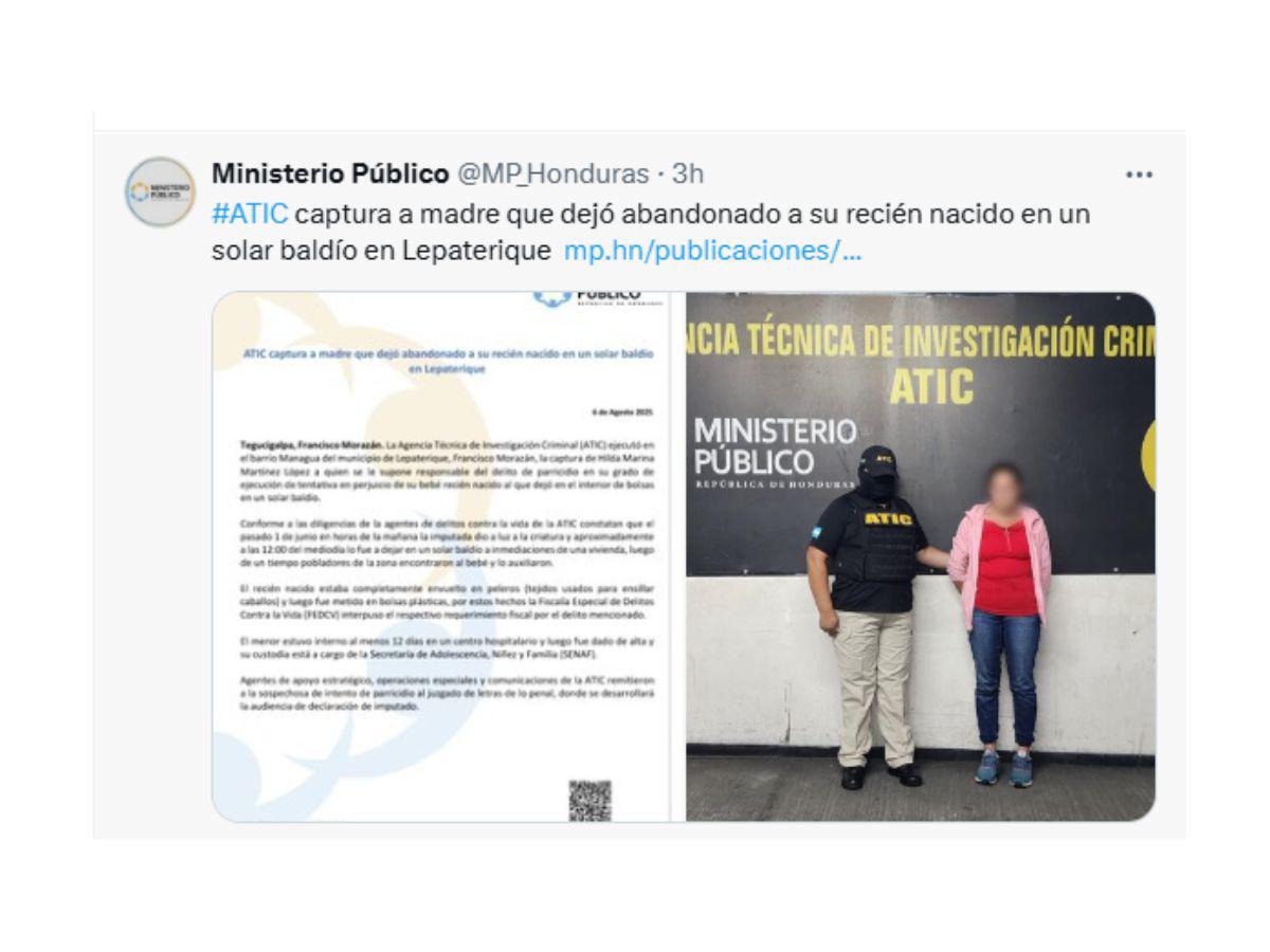 Madre abandona a su bebé en bolsa de basura en Lepaterique