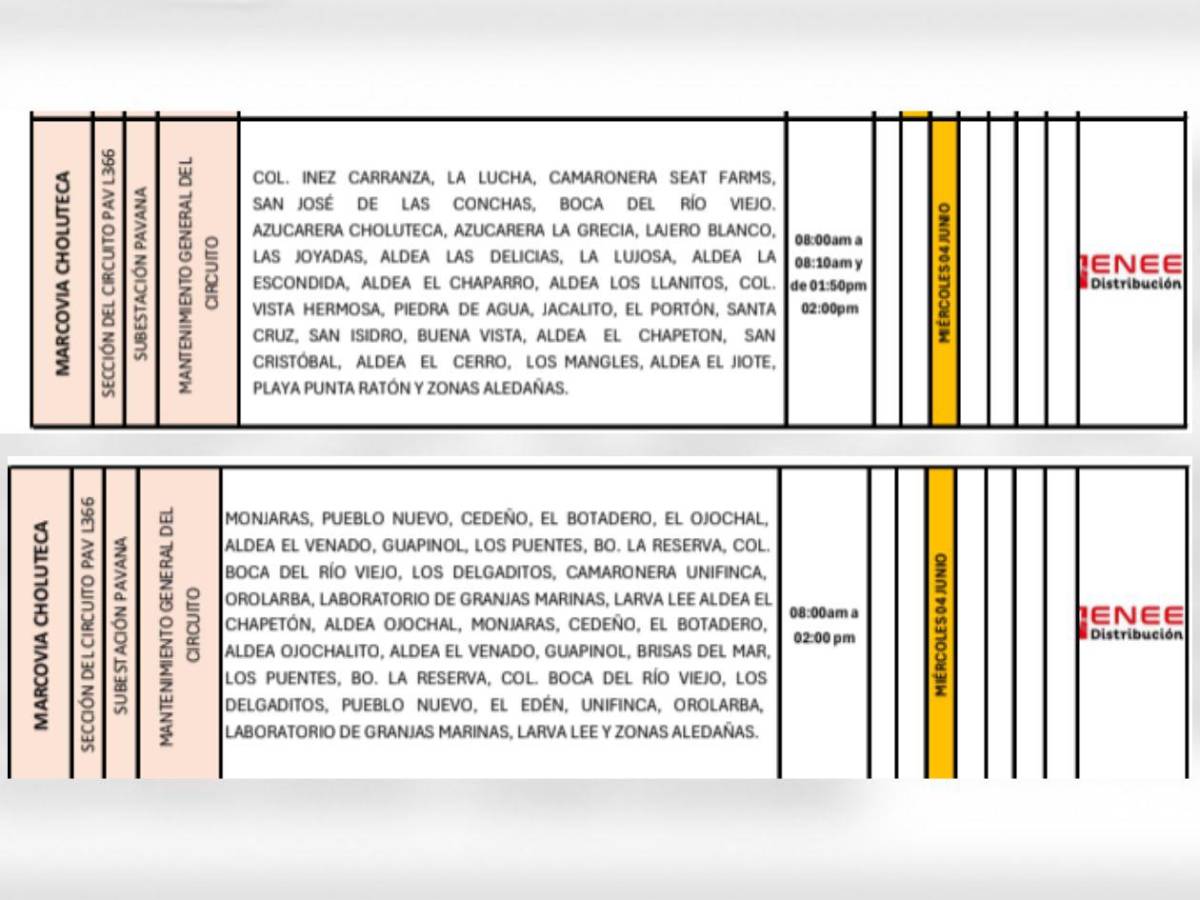 Enee anuncia cortes de luz en masivas zonas de Honduras este miércoles 4 de junio
