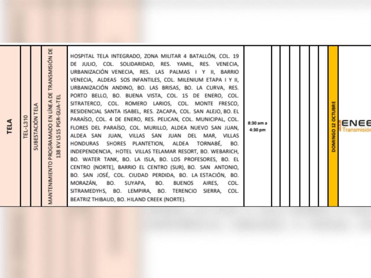 Extensa lista de colonias no tendrán luz este domingo 12 de octubre
