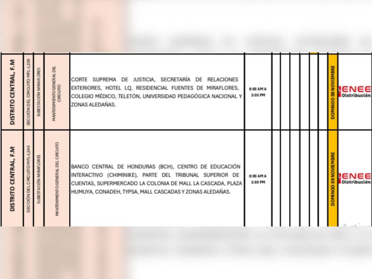 Esta zona de Honduras no tendrá luz este domingo 9 de noviembre