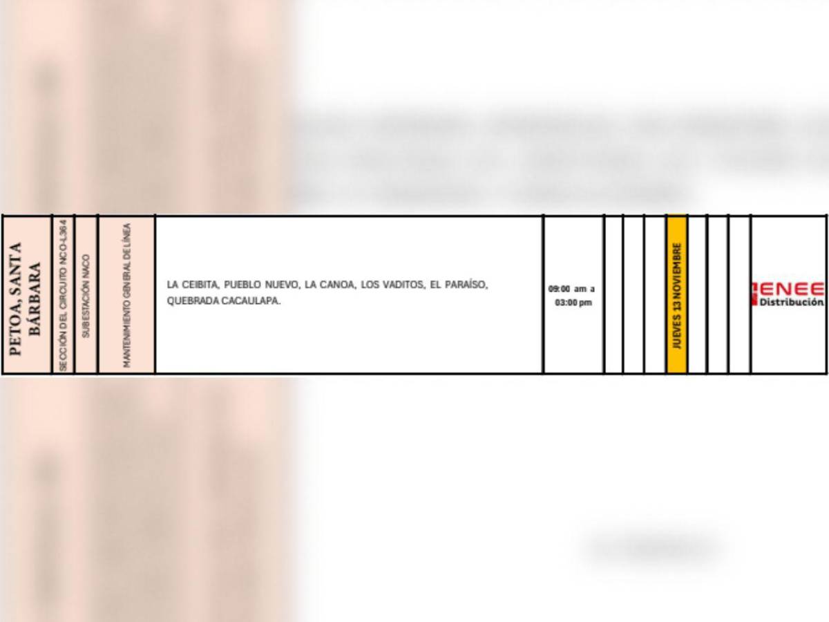 Enee anuncia cortes eléctricos en estas zonas de Honduras para este jueves 13 de noviembre