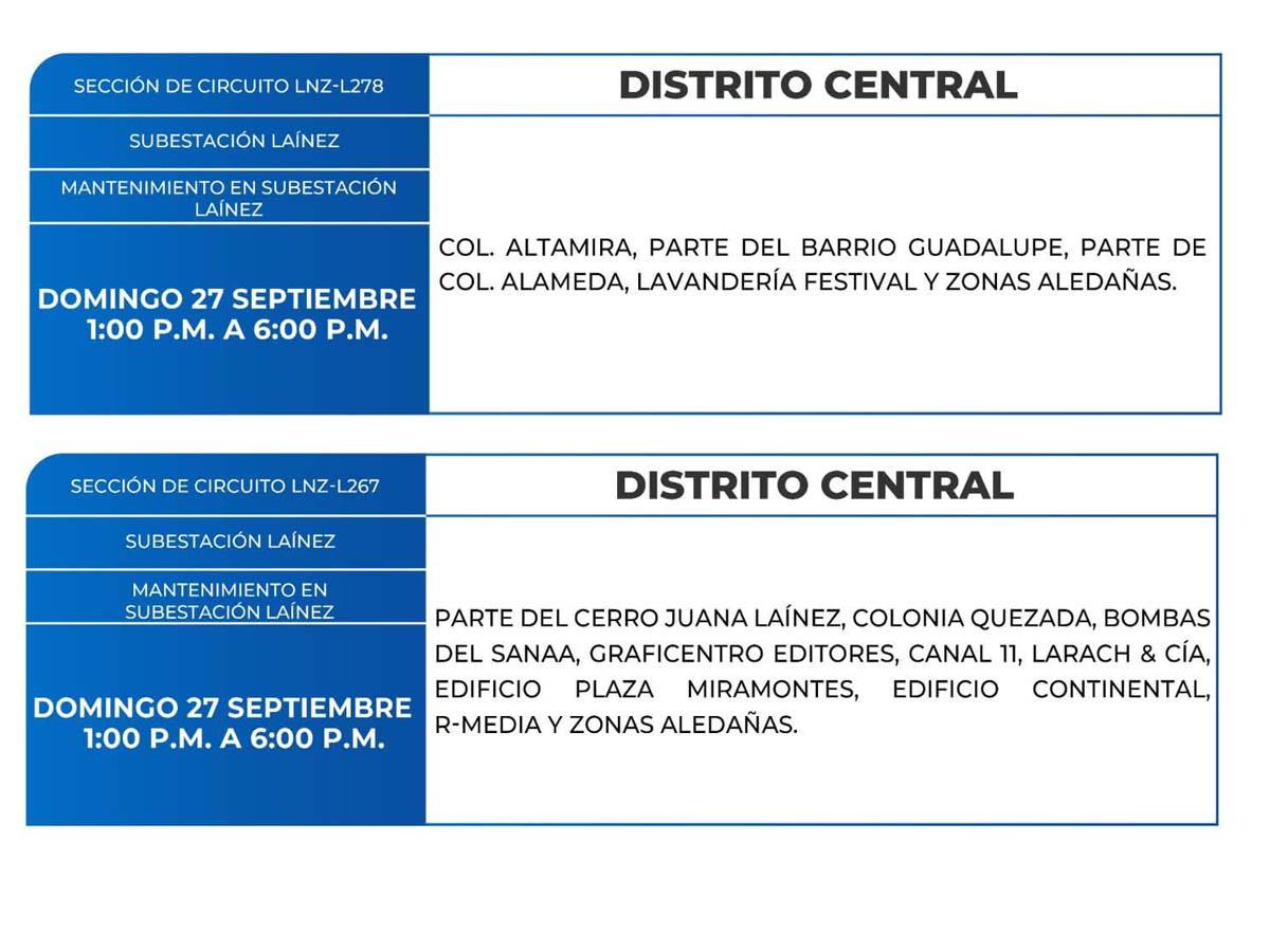 Cortes de energía de este domingo 27 de septiembre en San Pedro Sula y Tegucigalpa