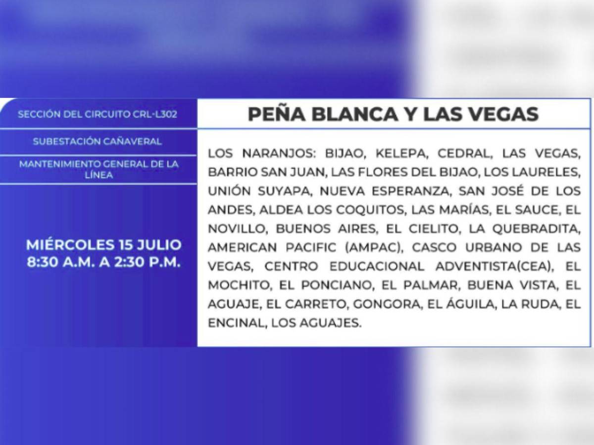 Más de 100 sectores de Honduras estarán sin energía  este miércoles 15 de julio