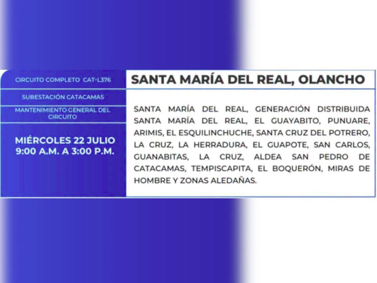 Estas zonas de Honduras no tendrán energía este miércoles 22 de julio