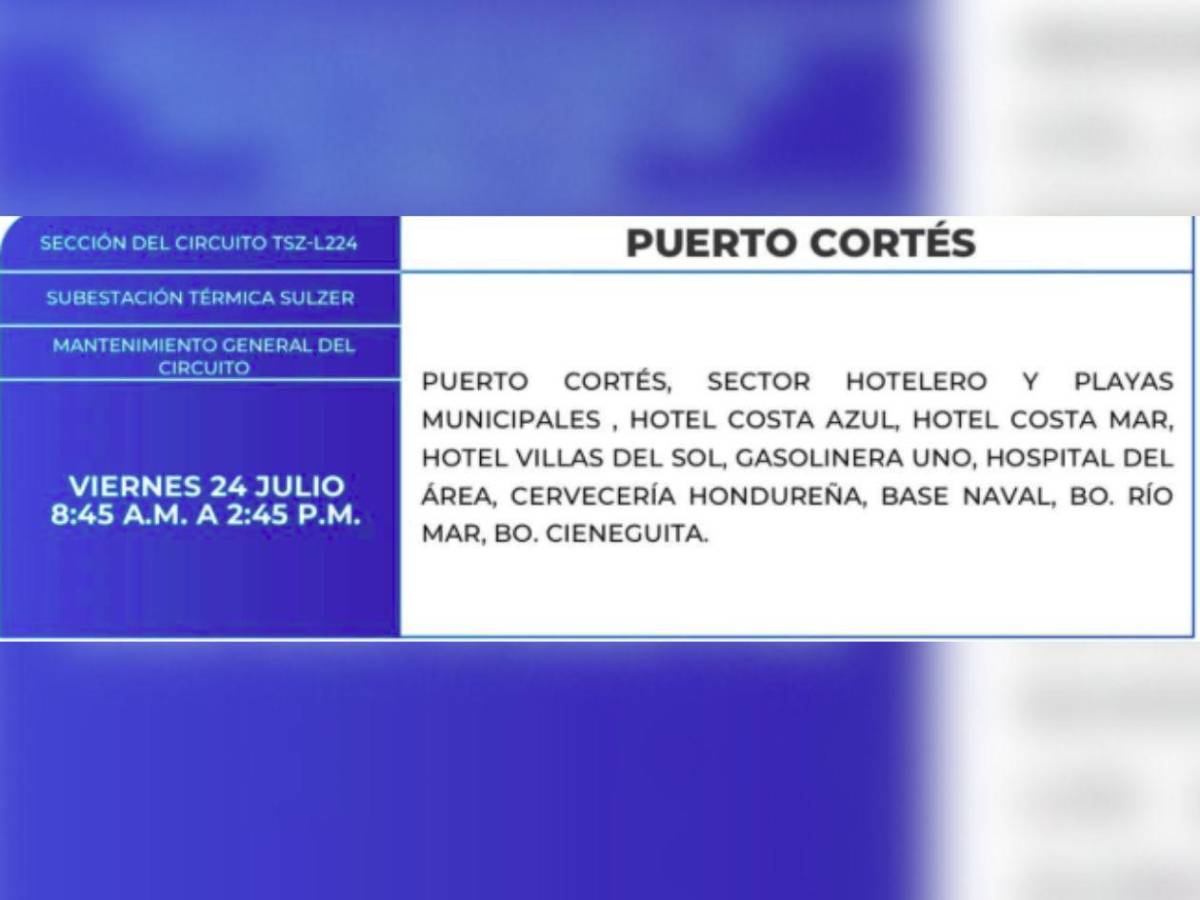 Ocho horas sin luz estarán estas zonas de Honduras este viernes 24 de julio