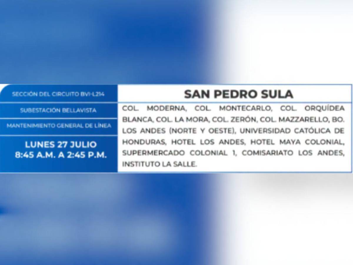 Estas son las zonas de SPS y Tegucigalpa que no tendrán luz este lunes 27 de julio