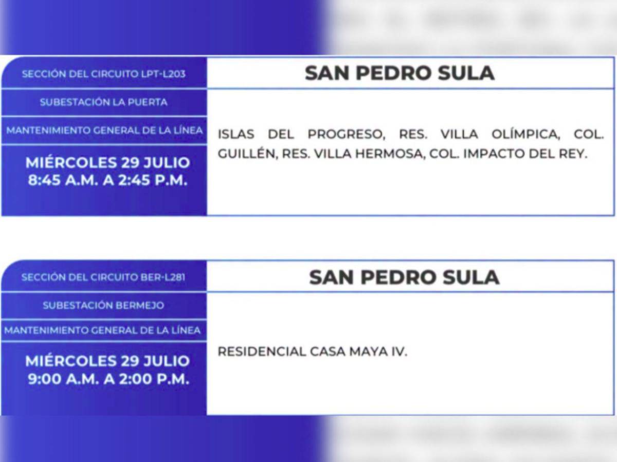 Diez horas sin luz estarán estas zonas de Honduras este miércoles 29 de julio