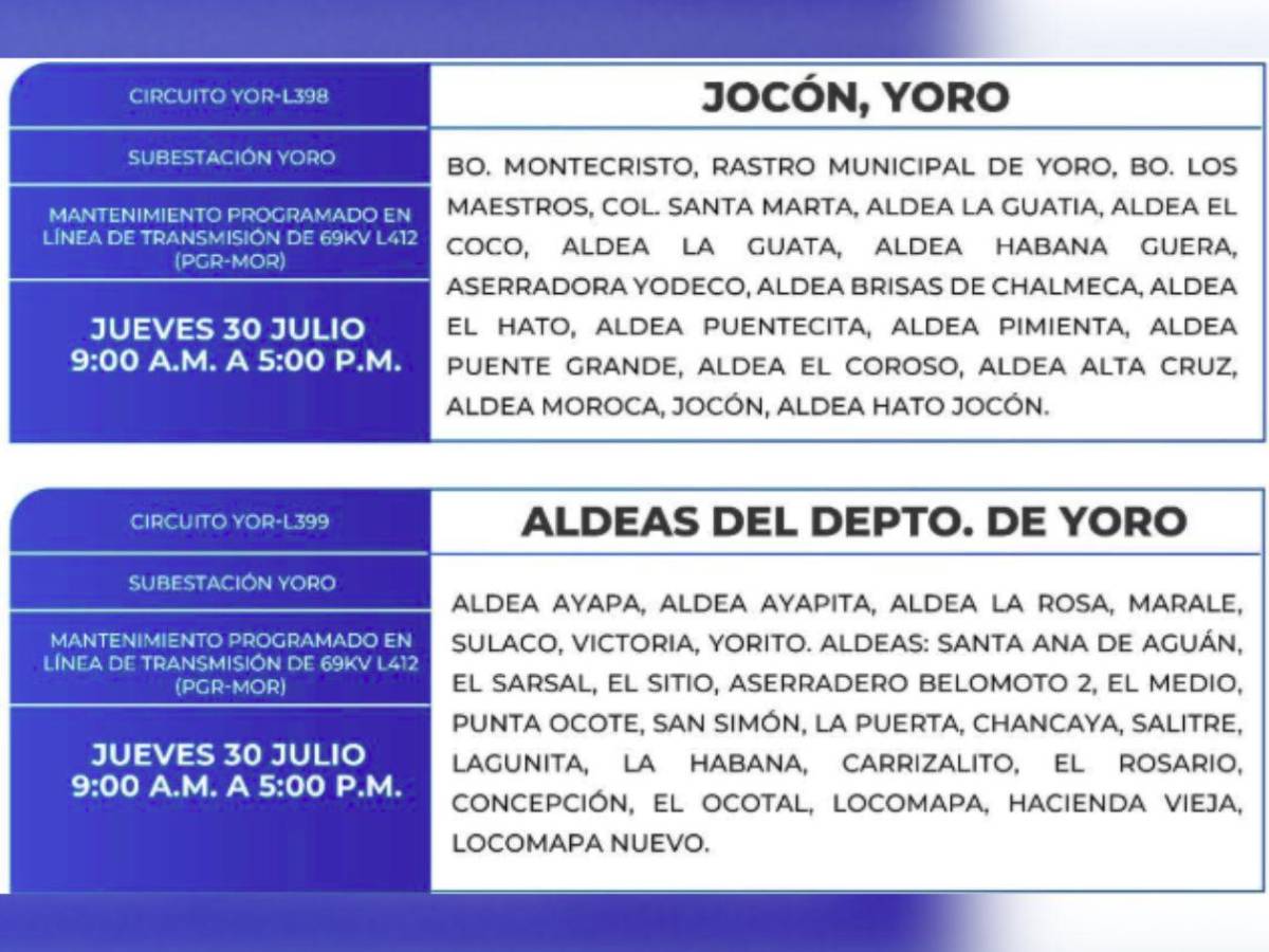Más de 100 zonas de Honduras no tendrán energía este jueves 30 de julio