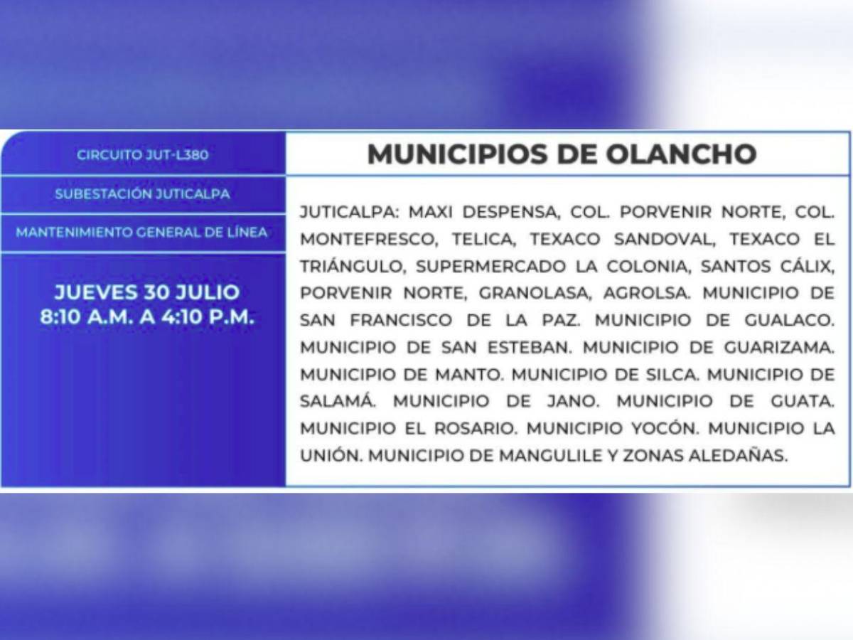 Más de 100 zonas de Honduras no tendrán energía este jueves 30 de julio