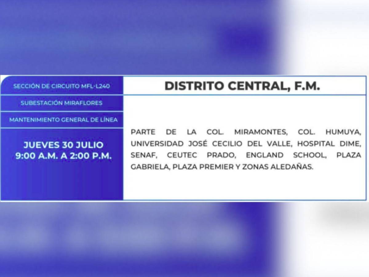 Más de 100 zonas de Honduras no tendrán energía este jueves 30 de julio