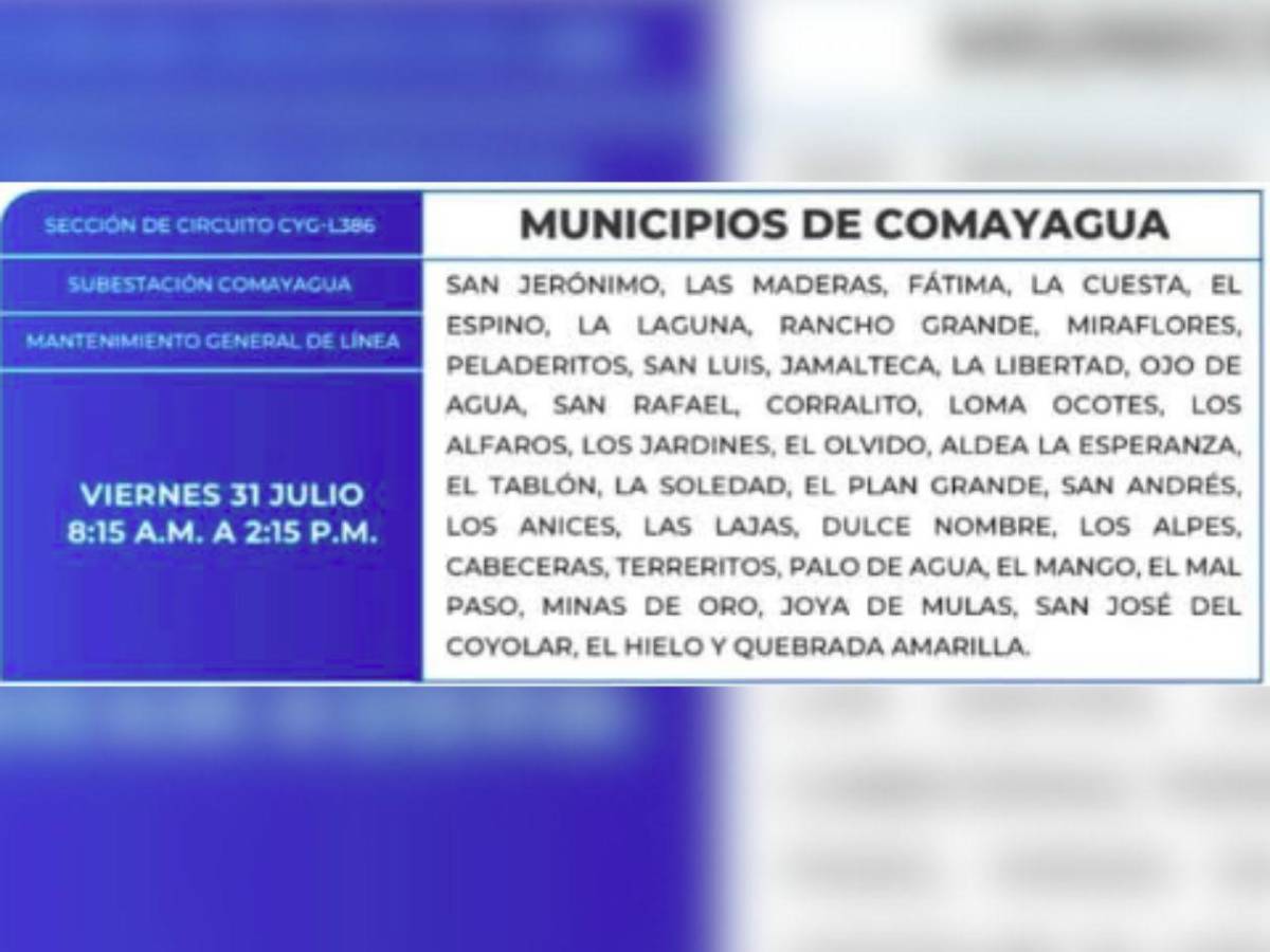 Estas zonas de Honduras no tendrán energía este viernes 31 de julio