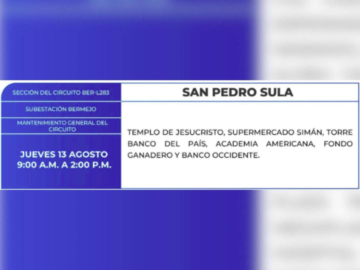 Más de 100 zonas de Honduras no tendrán luz por ocho horas este jueves 13 de agosto
