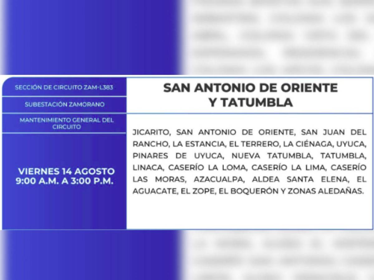 Ocho horas sin luz estarán estas zonas de Honduras este viernes 14 de agosto