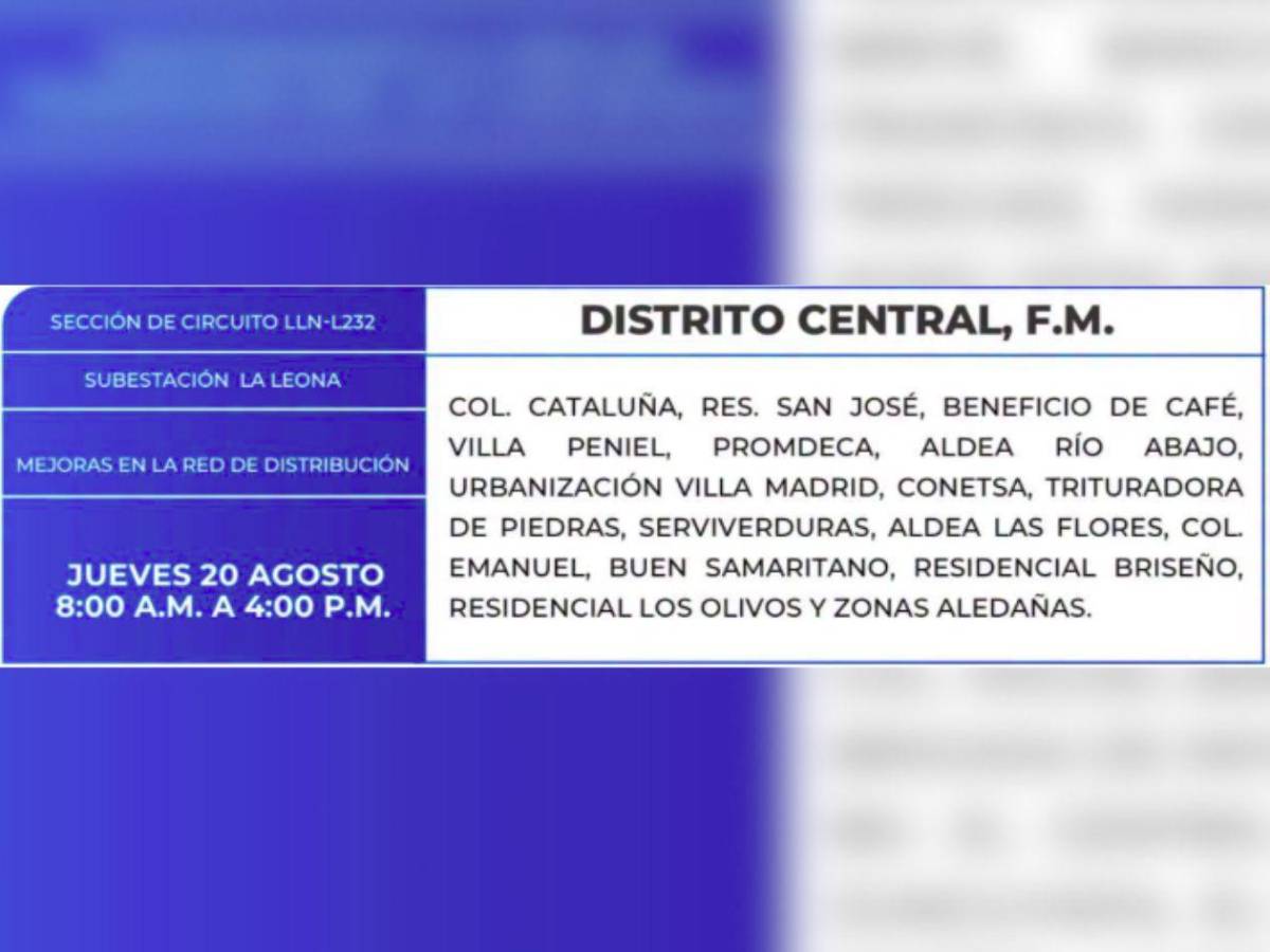 Ocho horas sin luz estarán más de 50 zonas de Honduras este jueves 20 de agosto