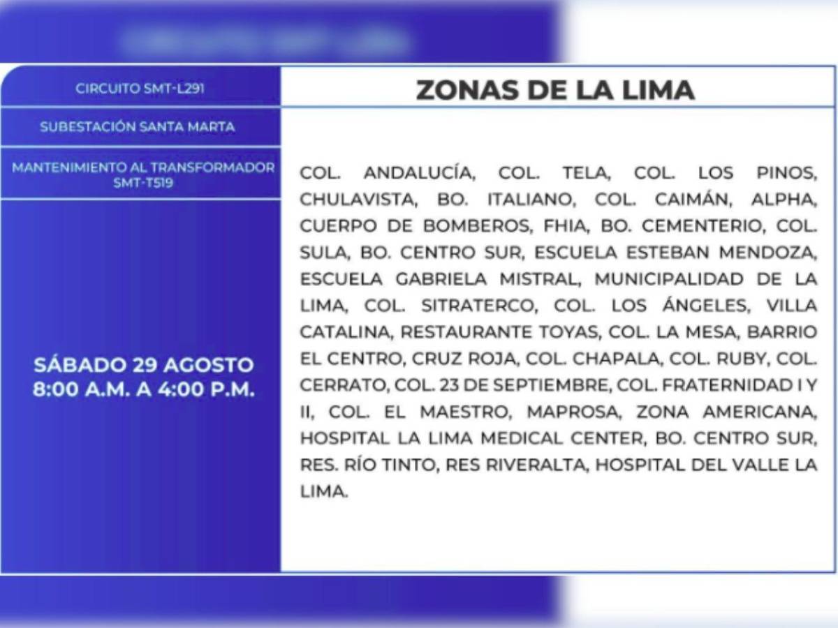 Estos barrios y colonias de Honduras no tendrán energía este sábado 29 de agosto