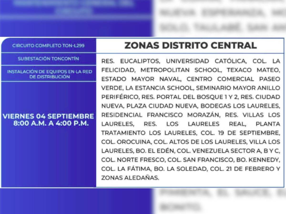 Zonas de Tegucigalpa, SPS y Comayagua que no tendrán luz este viernes 4 de septiembre