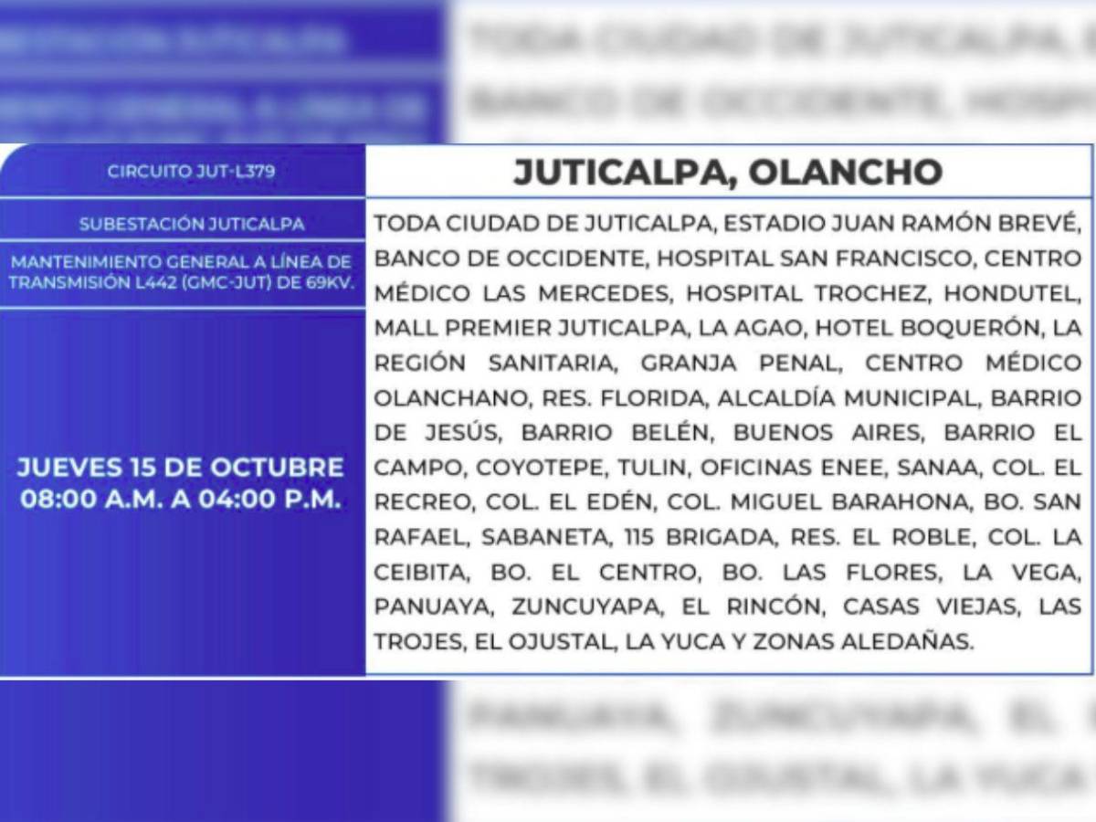 Sectores de Honduras que no tendrán luz este jueves 15 de octubre