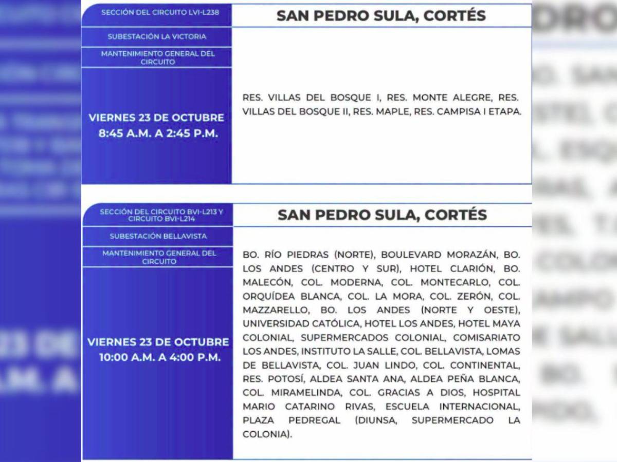 Estas zonas de SPS y el Distrito Central no tendrán energía este viernes 23 de octubre