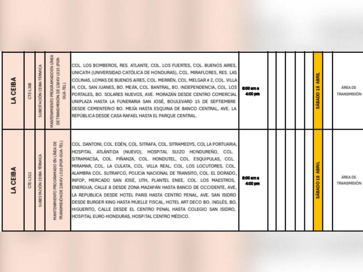 Estas zonas de Honduras no tendrán luz por ocho horas este sábado 18 de abril