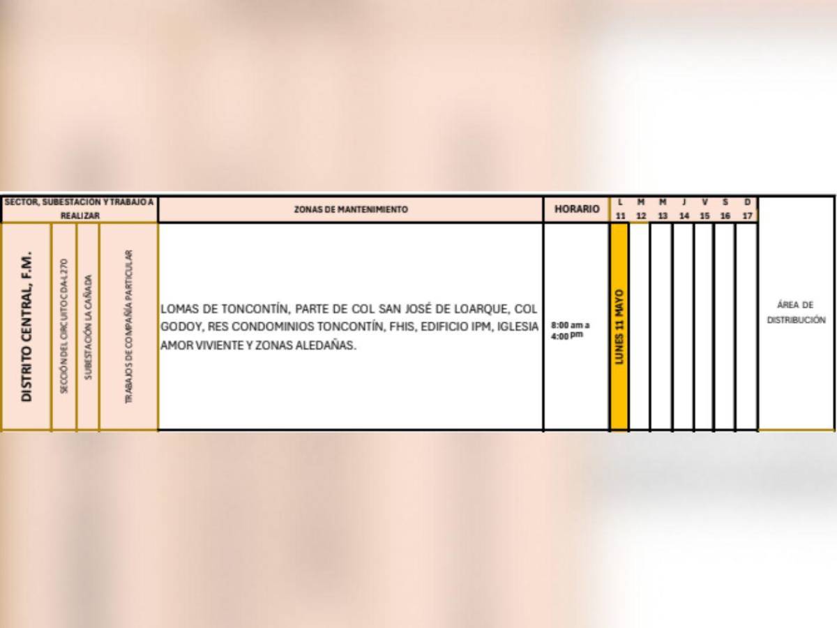 Ocho horas sin luz estarán estas zonas de Honduras este lunes 11 de mayo
