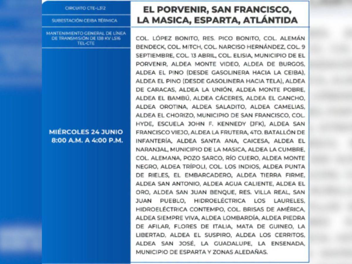 Estas zonas de Honduras no tendrán energía eléctrica este miércoles 24 de junio