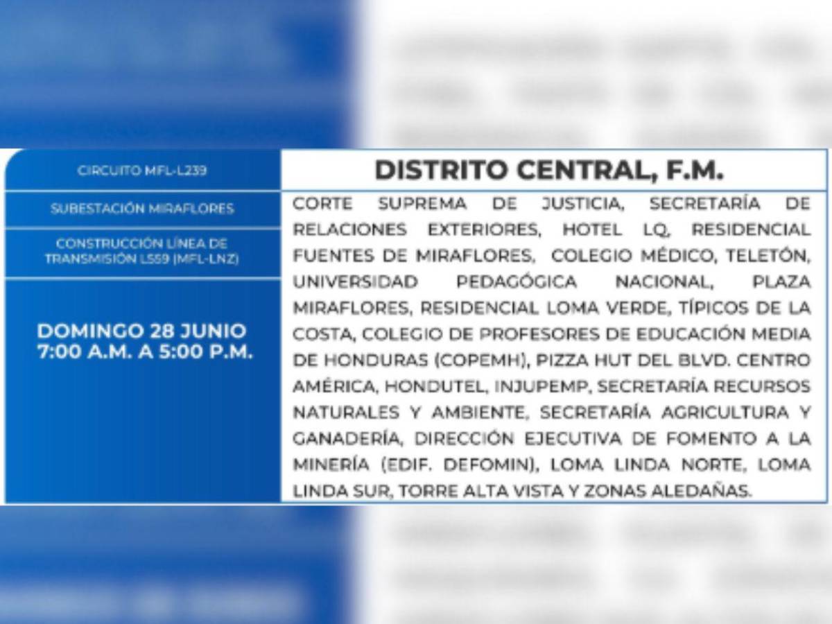 Diez horas sin luz estarán más de 30 ciudades de Honduras este domingo 28 de junio
