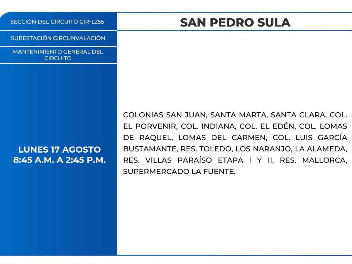Cortes de energía este lunes 17 de agosto en zona de Circunvalación de San Pedro Sula
